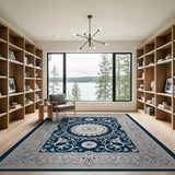 Navy Blue Ornate Floral Medallion Rug