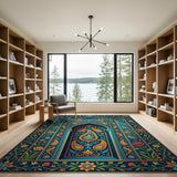 Teal Paisley Arch Rug with Birds Roses