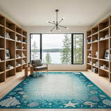 Teal Seashell Fish Coastal Area Rug
