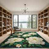 Green Emerald Green White Peony Floral Area Rug