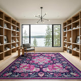 Navy Persian Floral Rug with Vibrant Pink Blooms