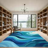 Curling Wave Blue Teal Washable Area Rug