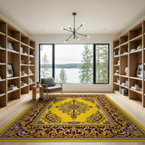 Ornate Yellow Persian Area Rug with Floral Medallion