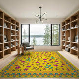 Vibrant Yellow Pink Floral Rug with Ornate Border
