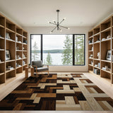 Brown Tan Wood Plank Parquet Area Rug