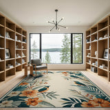 Teal Birds Orange Hibiscus Fern Area Rug