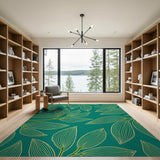 Teal Green Leaf Line Art Area Rug