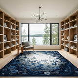 Washable Elegant Blue Botanical Floral Area Rug - Low Pile & Non-Slip