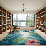 Teal Palm Leaf Hibiscus Coastal Area Rug