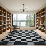 Distressed Black White Checkered Woven Rug