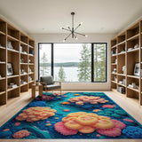 3D Vibrant Coral Reef Ocean Washable Area Rug - Turquoise & Peach Low Pile Carpet