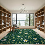 Floral Vintage Emerald Green White Daisy Floral Area Rug