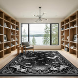ODIKA Gothic Bat Forest Washable Rug - Black and White Low Pile Non-Slip Art Decor