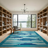 Teal Blue Swimming Fish Area Rug