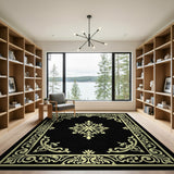 Ornate Gold Floral Medallion Area Rug on Black