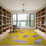 Vibrant Yellow Shag Rug with Purple Abstract Shapes