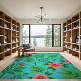 Blue and Teal Vibrant Pink Hibiscus Teal Floral Area Rug