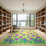 Whimsical Purple Flowers Rainbow on Yellow Kids Rug