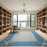 Coastal Blue Striped Area Rug with Starfish Border