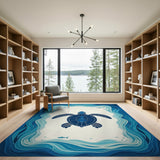 Coastal Beach Sea Turtle Ocean Waves Blue Area Rug