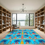 Blue Coastal Surfboard Palm Tree Area Rug