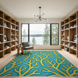 Teal Coral Branch Area Rug with Yellow Corals Pink Stars