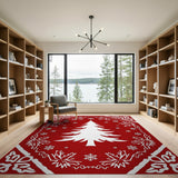 Festive White Christmas Tree on Red Snowflakes Rug