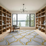 Gold Blue Wavy Geometric Area Rug