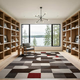 Modern Geometric Grey Area Rug with Red Accents