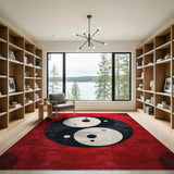 Red Yin-Yang Area Rug with Ornate Borders
