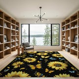 Multi-color and Patterns Sunflower Butterfly Black Area Rug
