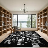 Urban Noir Cityscape Black White Area Rug