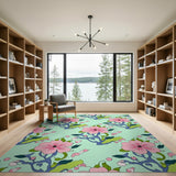 Vibrant Pink Hibiscus Floral Area Rug on Mint Green