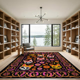 Vibrant Calavera Cat Skulls Marigold Flowers Rug