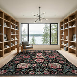 Black Persian Floral Area Rug with Pink Peonies