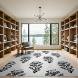 Black White Floral Block Print Area Rug