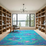 Vibrant Teal Ocean Fish Area Rug