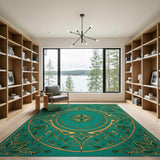 Teal Gold Ornate Floral Medallion Area Rug