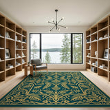 Ornate Teal Gold Fern Leaf Area Rug