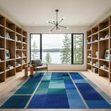 Blue Teal Geometric Block Area Rug