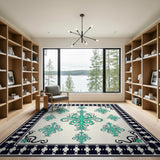 Teal Ornate Persian Area Rug Black Border