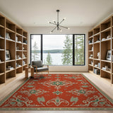 Red Traditional Persian Area Rug with Green Floral Motifs