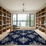 Elegant Navy Fleur-de-Lis Damask Area Rug