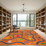 Orange Kids Cartoon Road Map Area Rug