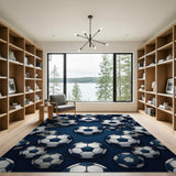 Navy Soccer Ball Cluster Area Rug