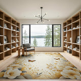 Golden White Anemone Floral Butterfly Area Rug