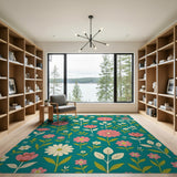 Vibrant Pink Florals on Teal Area Rug