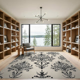 Black and White Vintage Black Damask Floral Area Rug