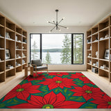 Vibrant Red Poinsettia Teal Pattern Area Rug