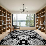 Classic Black and White Mandala Washable Area Rug - Low Pile & Non-Slip